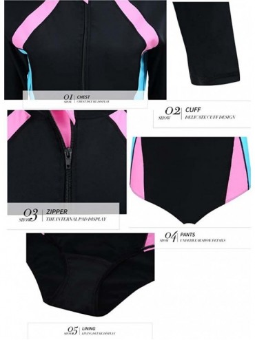 One-Pieces Women Plus Elastic Long Sleeve Zipper Swimsuit Sun Protection One Piece Swimwear - Pink - CU183R4QGHW $61.49