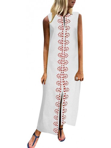 Cover-Ups Women's Fashion Printed Long Sleeve V-Neck Silky Vintage Elegant Maxi Dress Split Hem Baggy Kaftan Long Dress - Whi...