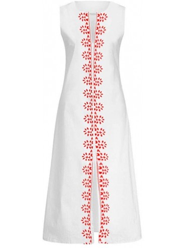 Cover-Ups Women's Fashion Printed Long Sleeve V-Neck Silky Vintage Elegant Maxi Dress Split Hem Baggy Kaftan Long Dress - Whi...
