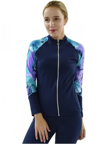 Rash Guards Women Plus Size UPF 50+ Front Zip Up Long Sleeve Top Rash Guard - Navy With Jade Violet - CP17YS9NYZT $58.74