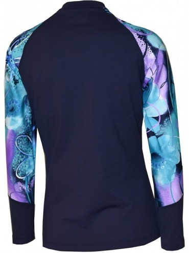 Rash Guards Women Plus Size UPF 50+ Front Zip Up Long Sleeve Top Rash Guard - Navy With Jade Violet - CP17YS9NYZT $28.16