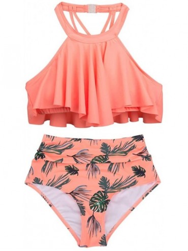 Sets Women Kids Retro Flounce High Waisted Bikini Halter Neck Two Piece Swimsuit - Orange-child-s - CT18QDINKYX $51.41