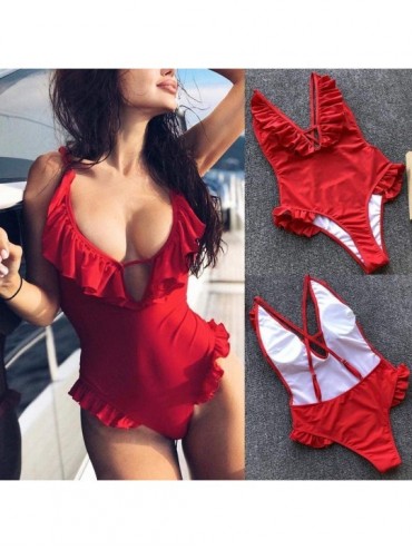 One-Pieces Sexy One-Piece Bikini- Womens Beach Red Ruffles Push-Up Pad Swimwear Swimsuit Bathing Suit - Red - C418O8G9TTE $12.41