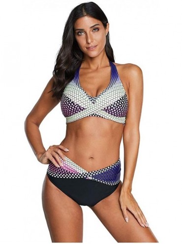 Sets Women Polka Dots Bathing Suit Push-Up Beach Swimsuit Bikini Neck Tankini Set - Stylec - Purple - CZ190OA06CD $32.33