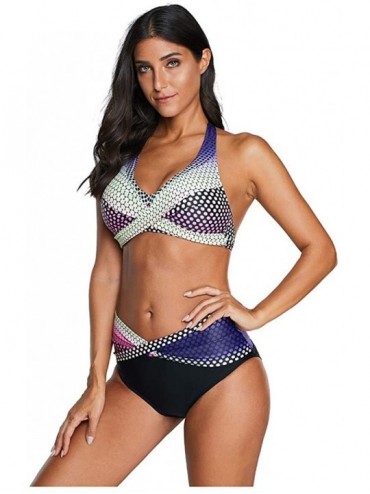 Sets Women Polka Dots Bathing Suit Push-Up Beach Swimsuit Bikini Neck Tankini Set - Stylec - Purple - CZ190OA06CD $19.04