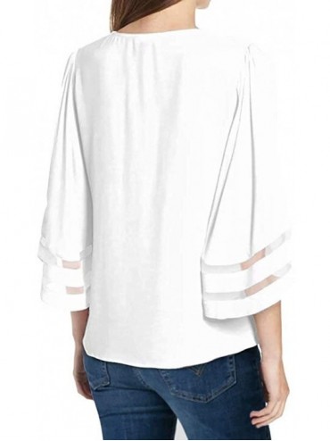 Cover-Ups Women's V Neck Mesh Panel Patchwork 3/4 Bell Sleeve Loose Blouse Top Shirt - White - CK192NAMQTE $41.30