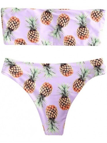 Sets Women's Bandeau Bikini Set Strapless Swimsuits Fruit Cherry/Lemon/Pineapple/Watermelon/Avocado Printed - Pineapple Laven...