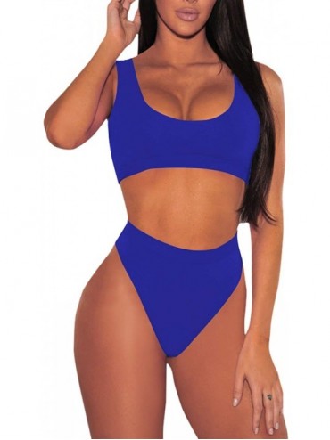One-Pieces Women's Crop Top High Waisted Cheeky Bikini Set Two Piece Swimsuits - 01 - Royal Blue - CN18XNU4LAY $43.46