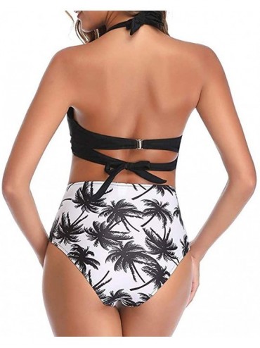 Sets 2020 Women Vintage Swimsuit Two Piece Retro Halter Ruched High Waist Print Bikini Set - Black - CS194UKQ8RO $36.57