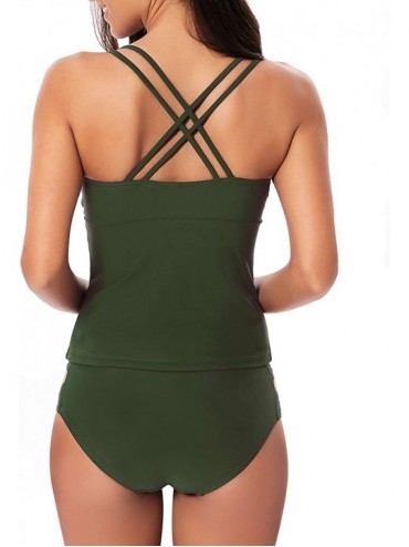 One-Pieces Women's Two Piece V-Neck Criss Cross Tankini Swimsuit Vintage Cutout Bathing Suits - Green - C51960DEQHS $24.81