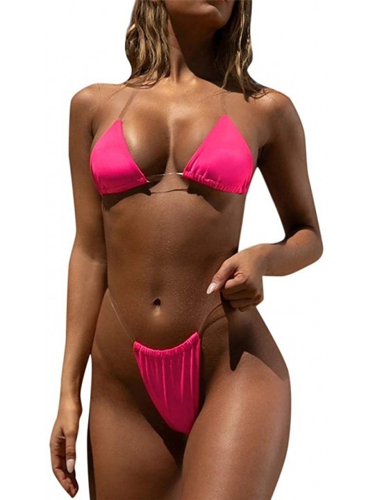 Sets Women Swimsuit Elastic Bikini Fashion Two Piece Daily Beachwear - Hot Pink - CF199AUZ7AY $15.50