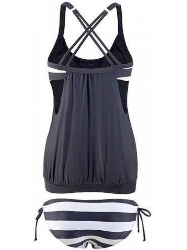 Tankinis Women Stripes Lined Up Tankini Double Up Swimwear Two Pieces Bathing Suit - Black Stripe - CO184WESDT4 $17.36