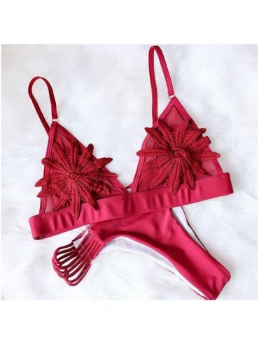 Sets Womens Bikini White Mesh Embroidered Flower Strappy Micro Thong Wine Red M - CU18QS9E7RM $28.50