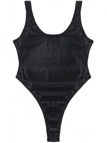 One-Pieces Women's Holographic Shiny Metallic Sleeveless High Cut Thong Leotard Bodysuit Monokini Swimwear - Black - CO18NS6H...
