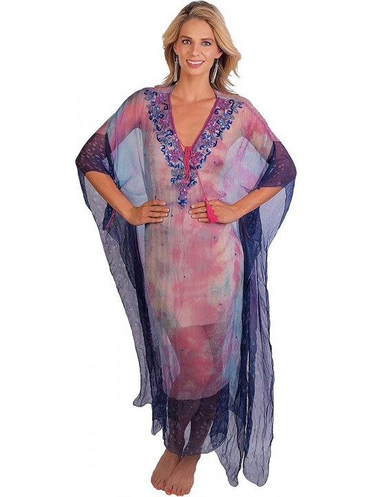 Cover-Ups Rayon Crepe Cover Up - Blue/Pink Multi Beaded - CQ193ENXCEY $18.31