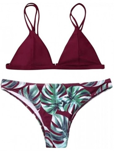Sets Swimsuits for Women Swimwear Bikini Set Print Leaves Push Up Padded Swimsuit Beachwear Two Piece Bathing Suits Wine Red ...
