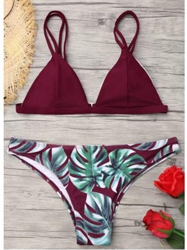Sets Swimsuits for Women Swimwear Bikini Set Print Leaves Push Up Padded Swimsuit Beachwear Two Piece Bathing Suits Wine Red ...