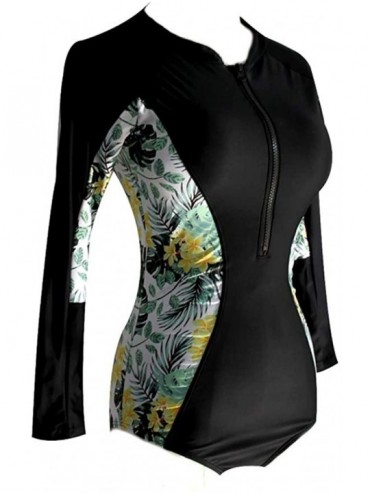 Cover-Ups Women Zip Up Rash Guard 1 Piece Print Swimsuit Long Sleeve Swimwear - Black - CZ1948NRGU7 $18.40