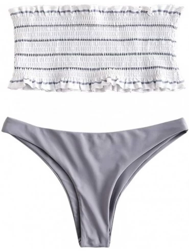 Sets Women's Strapless Striped Frilled Smocked Two Piece Bandeau Bikini Set - Silver - CZ18R33E77I $34.49