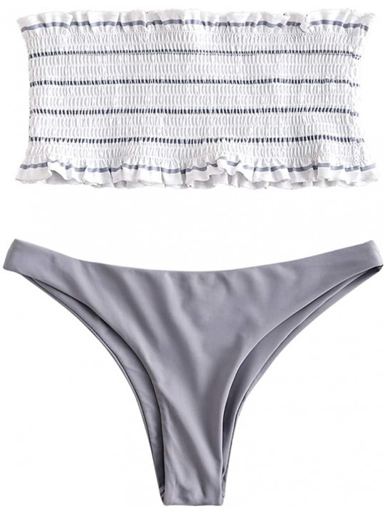Sets Women's Strapless Striped Frilled Smocked Two Piece Bandeau Bikini Set - Silver - CZ18R33E77I $17.96