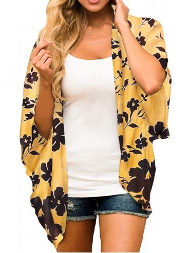 Cover-Ups Womens Floral Chiffon Kimono Cardigans Loose Beach Cover Up Half Sleeve Tops - 1yellow+floral - CV1998XUA3D $29.31