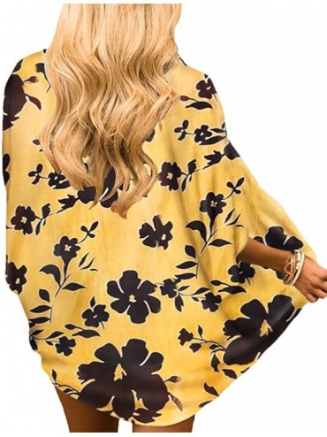 Cover-Ups Womens Floral Chiffon Kimono Cardigans Loose Beach Cover Up Half Sleeve Tops - 1yellow+floral - CV1998XUA3D $12.56