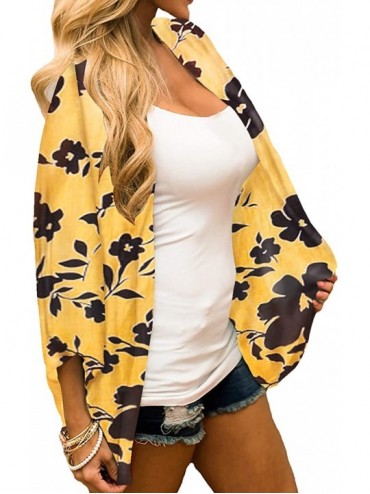 Cover-Ups Womens Floral Chiffon Kimono Cardigans Loose Beach Cover Up Half Sleeve Tops - 1yellow+floral - CV1998XUA3D $12.56