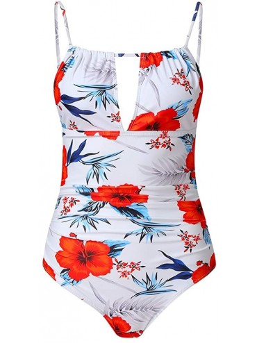 Tankinis Women One Piece Swimsuit Tummy Control Swimwear V Neck Bathing Suit Bikini Swimsuit Pleated Print Swimwear White - C...