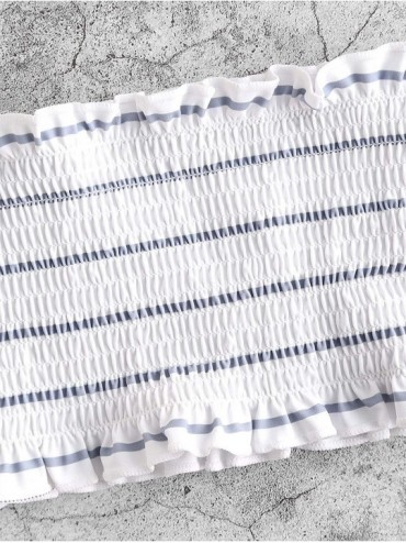 Sets Women's Strapless Striped Frilled Smocked Two Piece Bandeau Bikini Set - Silver - CZ18R33E77I $17.96