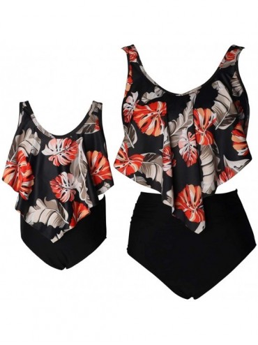 Tankinis Mommy and Me Swimsuits Family Matching Swimwear 2020 Floral Printed Ruffles Tankini Swimsuit Bathing Suits Black - C...