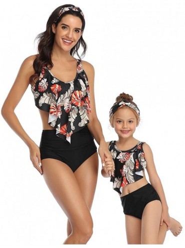 Tankinis Mommy and Me Swimsuits Family Matching Swimwear 2020 Floral Printed Ruffles Tankini Swimsuit Bathing Suits Black - C...