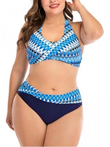 One-Pieces Women's Plus Size Chic Two Pieces/One Piece Swimsuit Cute Modest Bathing Suit - Blue Geometrical - CR19469M6TL $47.97