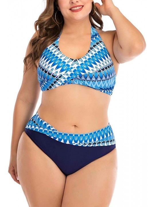 One-Pieces Women's Plus Size Chic Two Pieces/One Piece Swimsuit Cute Modest Bathing Suit - Blue Geometrical - CR19469M6TL $32.20