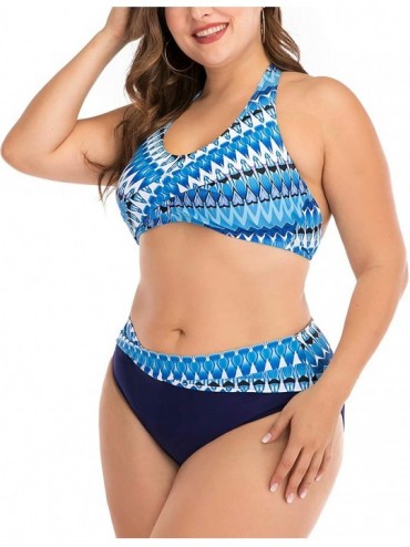 One-Pieces Women's Plus Size Chic Two Pieces/One Piece Swimsuit Cute Modest Bathing Suit - Blue Geometrical - CR19469M6TL $32.20