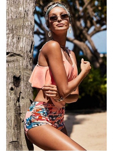 Tankinis High Waisted Swimsuit for Women Two Piece Bathing Suit Ruffled Tankini Set Crop Top Bikini - Tankini Orange - CU194X...
