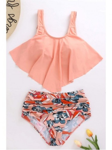 Tankinis High Waisted Swimsuit for Women Two Piece Bathing Suit Ruffled Tankini Set Crop Top Bikini - Tankini Orange - CU194X...