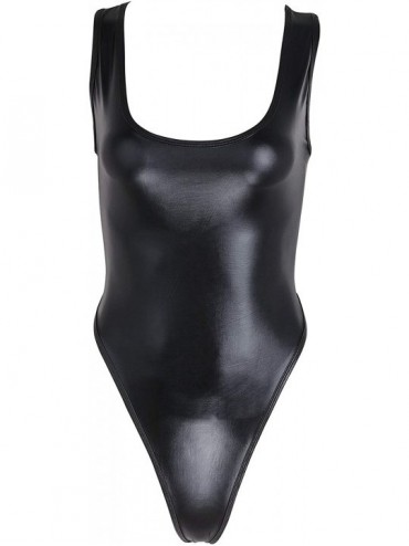 Racing Women's Wetlook Faux Leather Sleeveless High Cut Thong Leotard Bodysuit Swimsuit - Black - C11935XX9EX $16.52