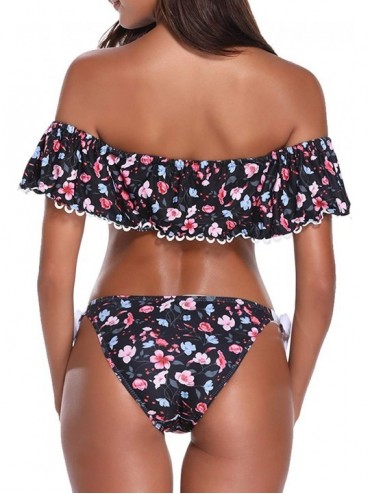 Sets Women Off-Shoulder Two Piece Bikini Set Ruffled Floral Print Swimsuit - Black&pink - C118GEWW6UT $19.49