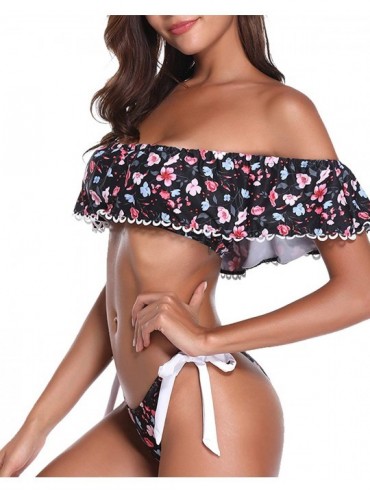 Sets Women Off-Shoulder Two Piece Bikini Set Ruffled Floral Print Swimsuit - Black&pink - C118GEWW6UT $19.49