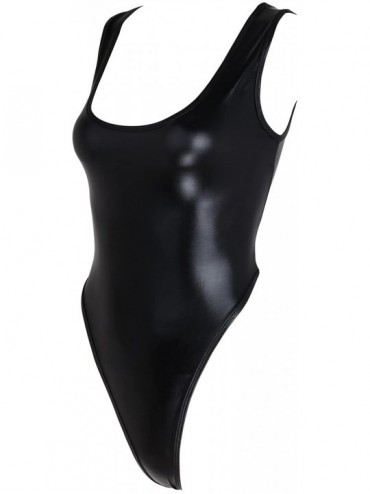 Racing Women's Wetlook Faux Leather Sleeveless High Cut Thong Leotard Bodysuit Swimsuit - Black - C11935XX9EX $16.52