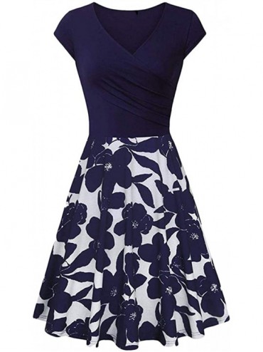 Cover-Ups Women's Wrap V Neck Cap Half Sleeve Vintage Casual Work Party Tea Swing Dress - Z-floral Navy Blue - CL198Q6Y8ZW $3...