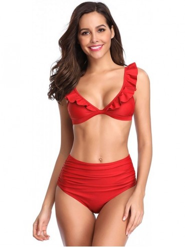 Tankinis Women's Ruffles Triangle High Waisted Bikini Bottom Bathing Swimsuit - Rose Red - CO18NAL7KNM $45.31