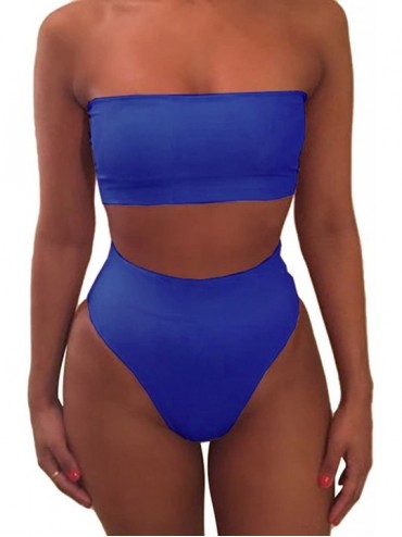Sets Women's Removable Straps Bandeau Bikini High Waist 2 Piece Swimsuits - Blue - C518TG6TWOS $33.99