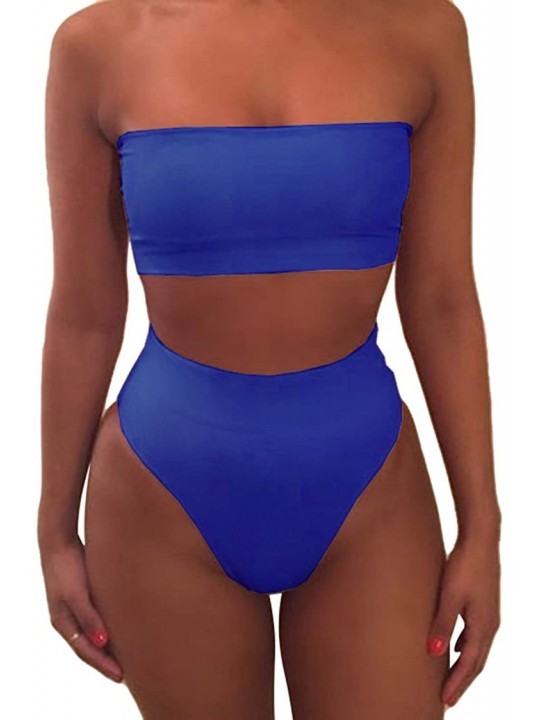 Sets Women's Removable Straps Bandeau Bikini High Waist 2 Piece Swimsuits - Blue - C518TG6TWOS $15.62