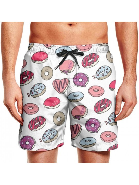 Board Shorts Mens Beach Shorts Red Sweet Donuts Pink Backdrop Side Split Adjustable Board Shorts - Colorful Donuts Cool - CY1...