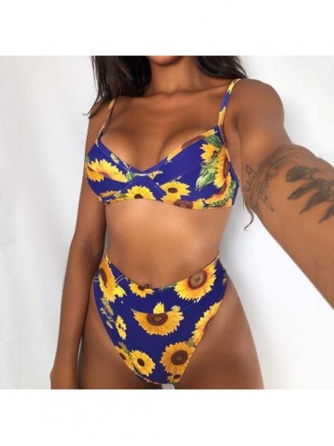 Sets Women Two Piece Swimsuit Retro Stripe Leopard Sunflower Floral Print Ruched High Waist Bikini Sets - Blue - C6194MS9SE3 ...
