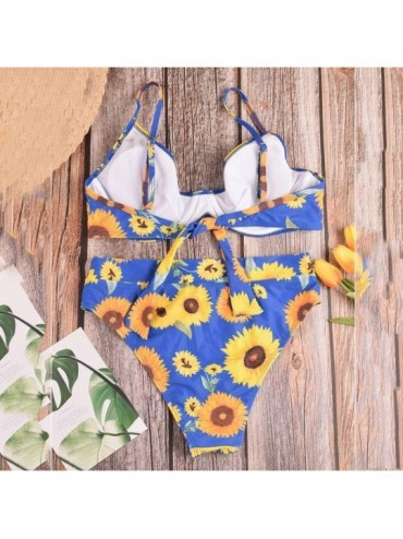 Sets Women Two Piece Swimsuit Retro Stripe Leopard Sunflower Floral Print Ruched High Waist Bikini Sets - Blue - C6194MS9SE3 ...