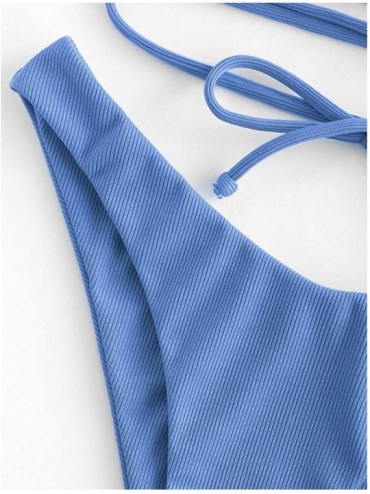 Sets Women's Strapless Ribbed Lace Up High Cut Two Piece Bandeau Bikini Set - G-silk Blue - C6198RC0OGU $42.19