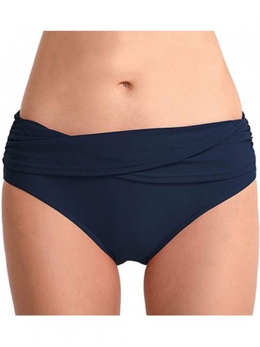 Bottoms Women's Fold Over Ruched Mid Waist Swimsuit Bikini Bottom Swim Brief - Indigo Blue - CI196N2CNUA $14.24