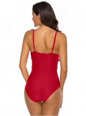 One-Pieces Women's One Piece Swimsuit Sexy V Neck Ruffle Tummy Control Monokini Bathing Suits - Wine - CS194UA6DIE $23.78